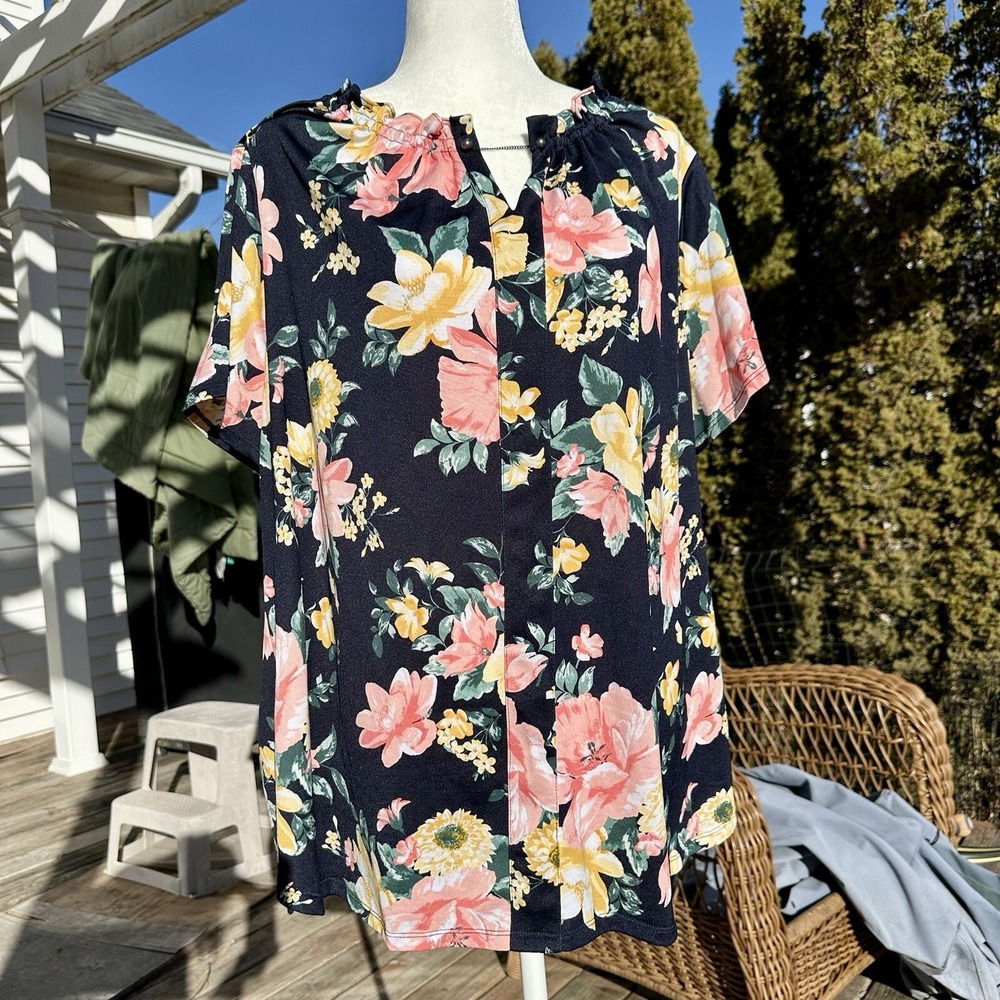 Croft & Barrow Floral Peasant Top Women's Size 3X Navy Short Sleeve Cottagecore - Picture 7 of 7